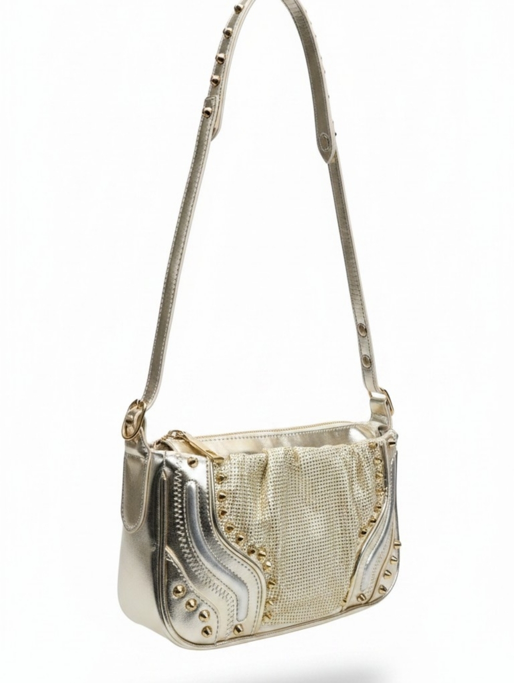 Nwt OLIVIA MILLER Metallic Gold Women's Shoulder Bag with Stud Detail - Picture 2 of 9